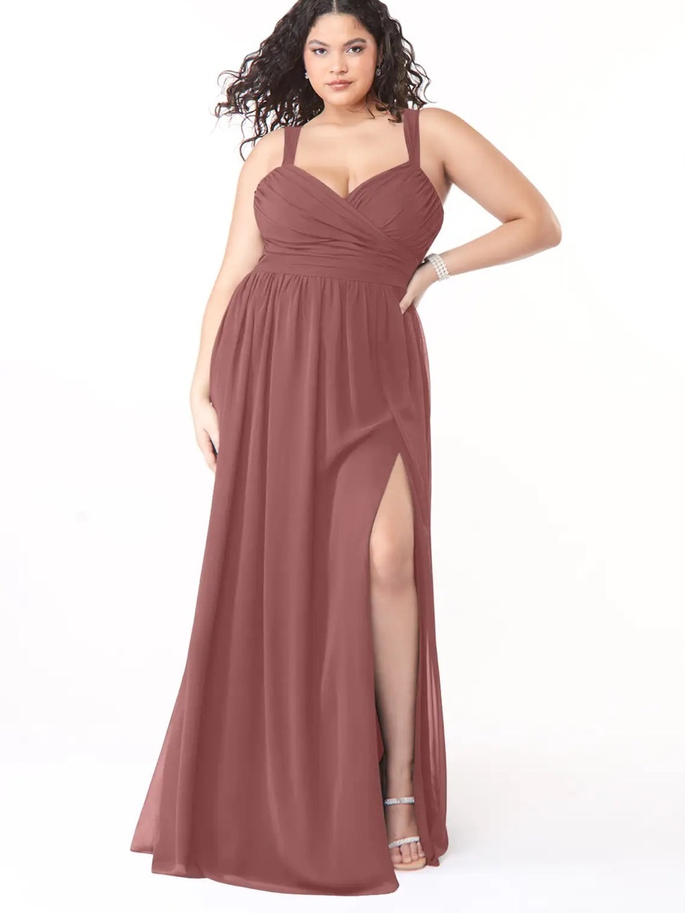 NWT Azazie Aziza Desert Rose A-Line V-Neck Pleated Chiffon Bridesmaid Maxi Dress